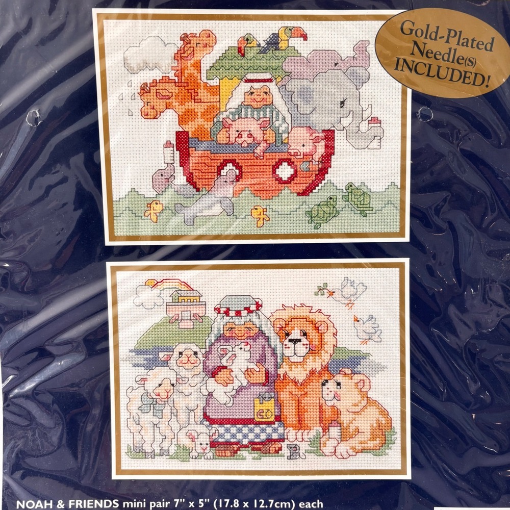 Vintage Bucilla Baby Cross Stitch Kit Mini Pair Noah & Friends 7x5" Mini Project
